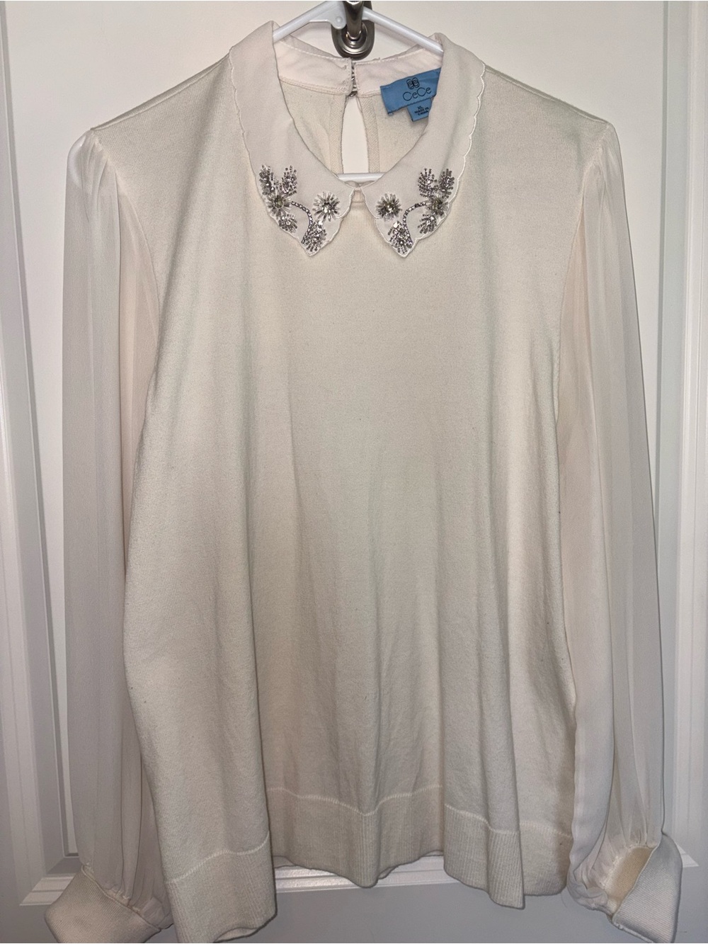 CeCe Cream Long-Sleeve Sweater Dress with Embellished Collar